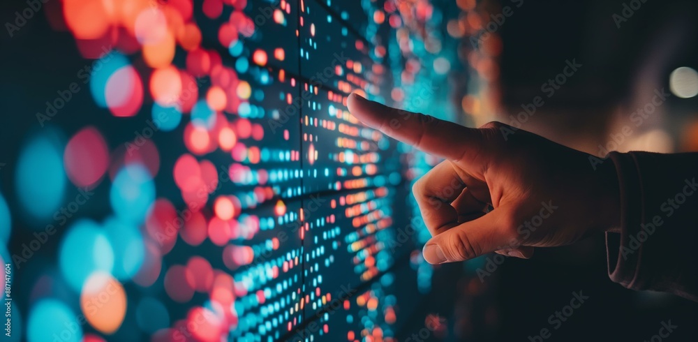 Poster a hand points at a futuristic touchscreen displaying colorful data points in a dark environment.