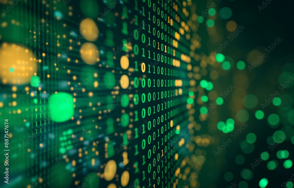 Poster close-up of green and yellow binary code on a digital screen, with a blurred, glowing background.