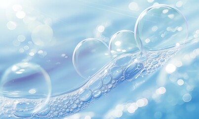 Transparent bubbles with a light blue background, showcasing a serene and ethereal atmosphere.