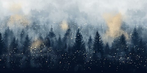 A dark and mystical forest scene with snowflakes falling gently among the trees, creating a magical and serene winter ambiance.