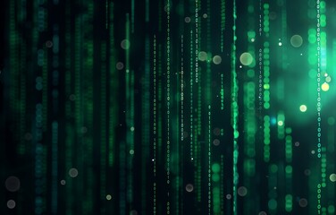 Close-up view of green binary code forming data streams in a digital matrix.