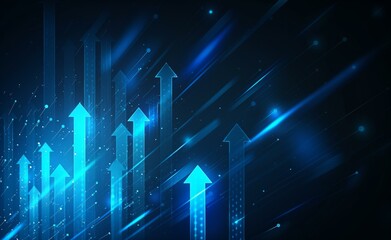 Glowing blue arrows pointing upwards on a dark background with light streaks.