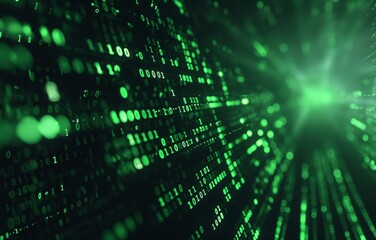 Close-up view of green binary code forming data streams in a digital matrix.