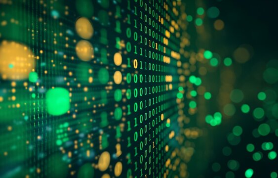 Close-up of green and yellow binary code on a digital screen, with a blurred, glowing background.
