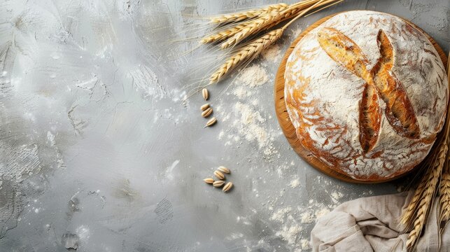 Homemade fresh baked bread with flour and wheat ears on light grey slate background, top view. Perfect for artisanal bread-making themes.