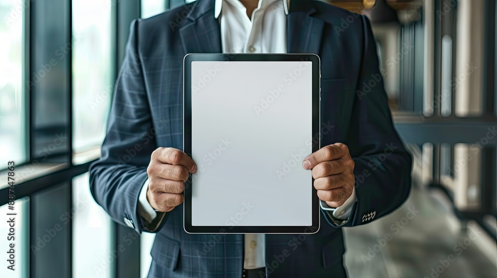 Aufkleber man in suit holding ipad digital tablet mockup with blank screen in professional office setting. cus