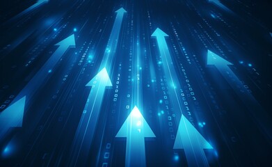 An abstract background featuring glowing blue arrows pointing upwards amidst a digital matrix of binary code, symbolizing progress and growth.