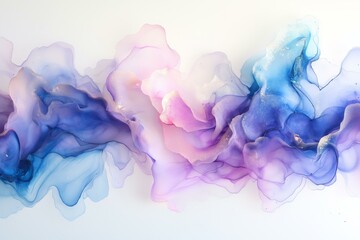 An abstract art piece featuring flowing blue and purple alcohol ink on a white background, creating a soft and ethereal texture.