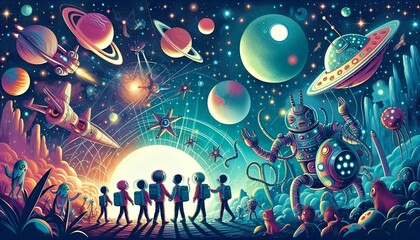 Obraz premium Cosmic Adventures, which depicts children's adventures in the universe, are suitable for science fiction education and children's books.