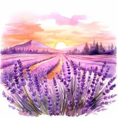 Fototapeta premium A watercolor painting depicting a field of lavender at sunset, with a distant mountain range in the background