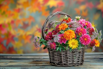 An arrangement of fall flowers including chrysanthemums and asters in a wicker basket, set on a rustic wooden table with an autumn background
