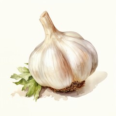 A single garlic bulb with green leaves is depicted in a watercolor painting on a white background