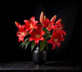 Floral arrangement in a black porcelain vase with red Asiatic lily flowers