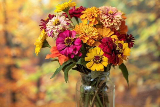 A bouquet of mixed autumn flowers, including marigolds and zinnias, arranged in a glass vase with an autumn themed background 