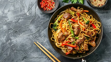 Stir-fry noodles with meat and vegetables in wok on grey textured table, top view. Appetizing and ready to serve Asian dish.