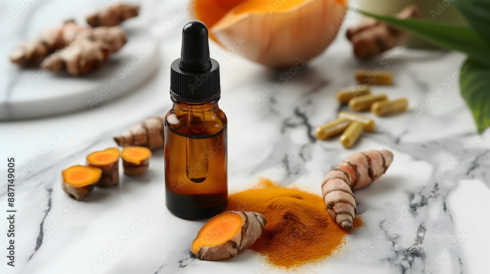 Poster 2. a bottle of turmeric extract with turmeric roots and a few drops of extract on a clean surface