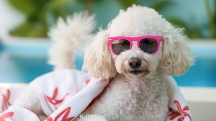 A white poodle wearing pink sunglasses and a towel. The dog is sitting in a pool. Scene is playful and lighthearted