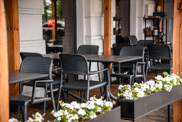 Sidewalk outdoor empty cafe or restaurant terrasse