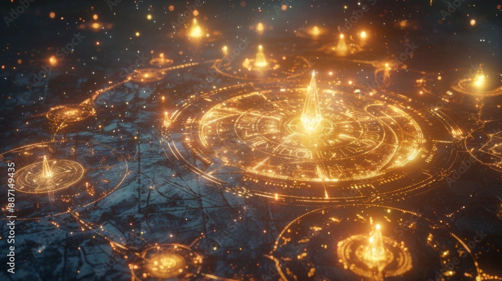 Poster a city glowing with golden lights is seen from an aerial view. the city's design is circular with in