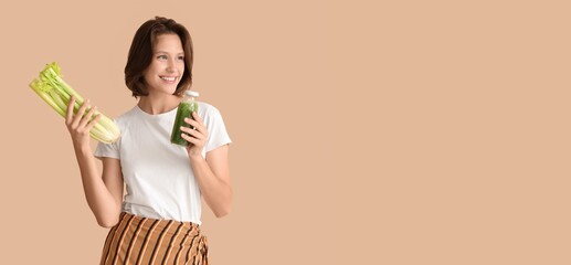 Young woman with celery and bottle of healthy green smoothie on beige background with space for text. Diet concept