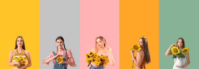 Set of beautiful women with sunflowers on color background