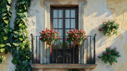 Window of a country house with railings and potted plants
