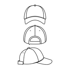 front, back and side view hat base ball mockup vector