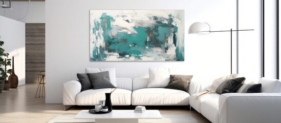 Abstract Teal and White Painting in Modern Living Room