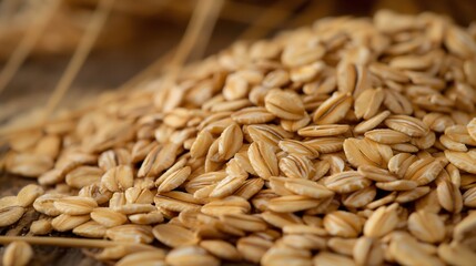 1. Fresh oats with their distinctive grains and texture, displayed on a wooden surface