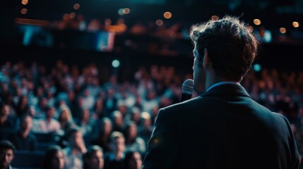 Male Asking a Question to a Speaker During a Q and A Session at an International Tech Conference in a Dark Crowded Auditorium.