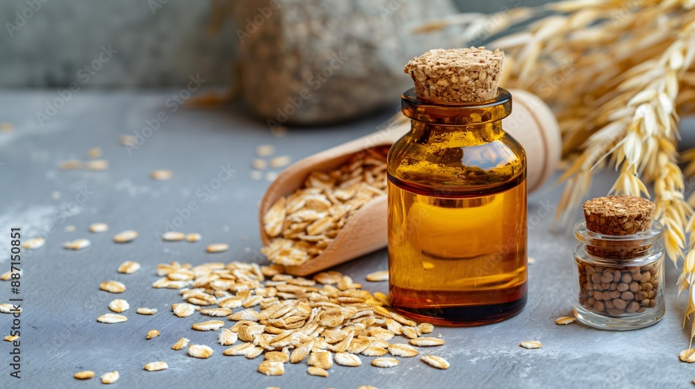 Poster 2. a bottle of oat extract with oat grains and a few drops of extract on a clean surface