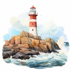 Obraz premium A watercolor painting of a red and white lighthouse standing on a rocky coast with crashing waves