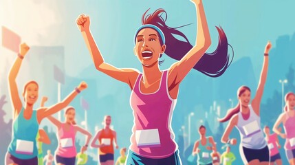 Portrait of Happy Female Runner Participating in a Marathon. Athletic Female Crossing the Finish Line, Celebrating, Raising Hands in the Air