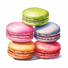 Fototapeta premium Five colorful macarons stacked on a white background. The macarons are painted in a realistic style with watercolor