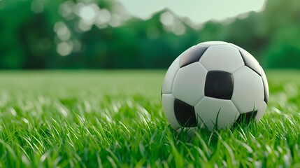 Fototapeta premium A soccer ball is sitting on a green field. The grass is lush and the sky is clear