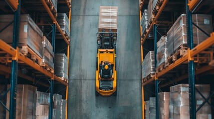 Naklejka premium Top-Down View: In Warehouse People Working, Forklift Truck Operator Lifts Pallet with Cardboard Box.