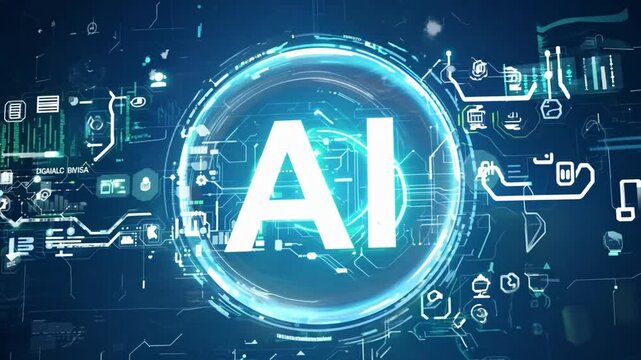 A bright green AI logo is displayed in a glowing circular frame, surrounded by a dark, tech-inspired background filled with digital code and circuitry.