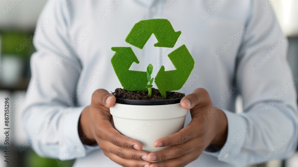 Canvas Prints A man is holding a plant in a white pot. The plant is surrounded by a green circle, which is a symbol for recycling. The man is holding the plant with care, as if he is protecting it