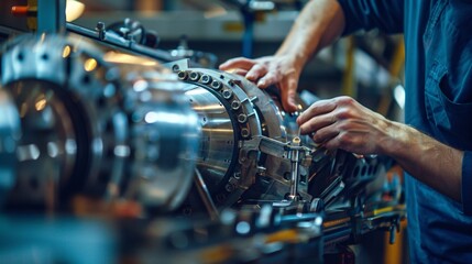 Close-up shot of an aerospace engineer's hands meticulously assembling a complex piece of machinery, showcasing precision and skill.