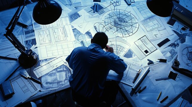 Surrounded by blueprints and technical drawings, an aerospace engineer reviews calculations, ensuring the feasibility of their design.