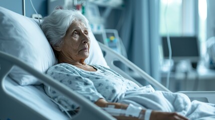 terminally ill American woman, elderly grandmother, bedridden, in a hospital bed, serene hospital room, soft natural light, medical equipment around, 

