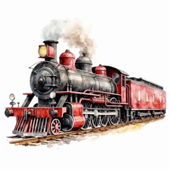 Naklejka premium A red and black steam locomotive train moving forward, with smoke coming from its chimney