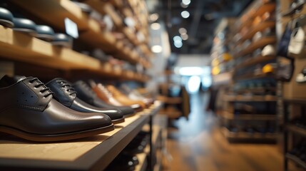 Obraz premium Rows of stylish men's shoes displayed on wooden shelves in a modern shoe shop, with a defocused background and empty space, creating a contemporary retail atmosphere with copy space for text