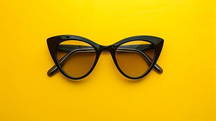 Fashionable black cat-eye sunglasses with dark lenses on a bright yellow background