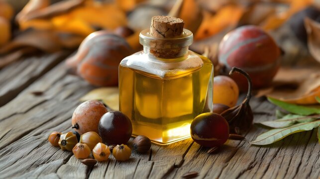 1. A bottle of marula oil with marula fruit and seeds arranged around it, set on a wooden surface
