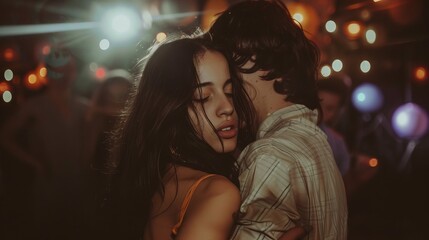 
Young couple dancing closely at a party, woman with long black hair and full lips, surrounded by vibrant lights and a festive atmosphere