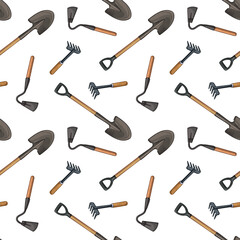 Shovels, hoes and rakes. Seamless pattern of farm tools. Vector illustration.