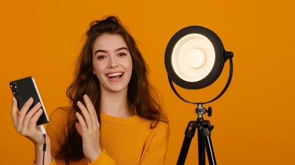 Blogger recording video with smartphone and ring lamp on orange background