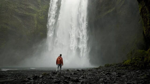 Man admiring the powerful skogafoss waterfall in Iceland breathtaking natural wonder with cascading water, mist, and rugged beauty