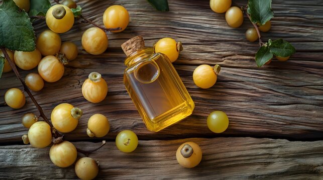 1. A bottle of marula oil with marula fruit and seeds arranged around it, set on a wooden surface